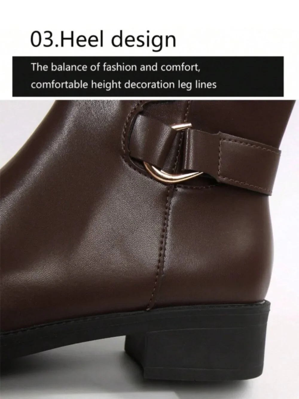 Women's Brown PU Leather Knee High Riding Boots Buckle Zip Equestrian Style Boot